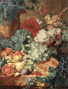 Still life with flowers and fruit.